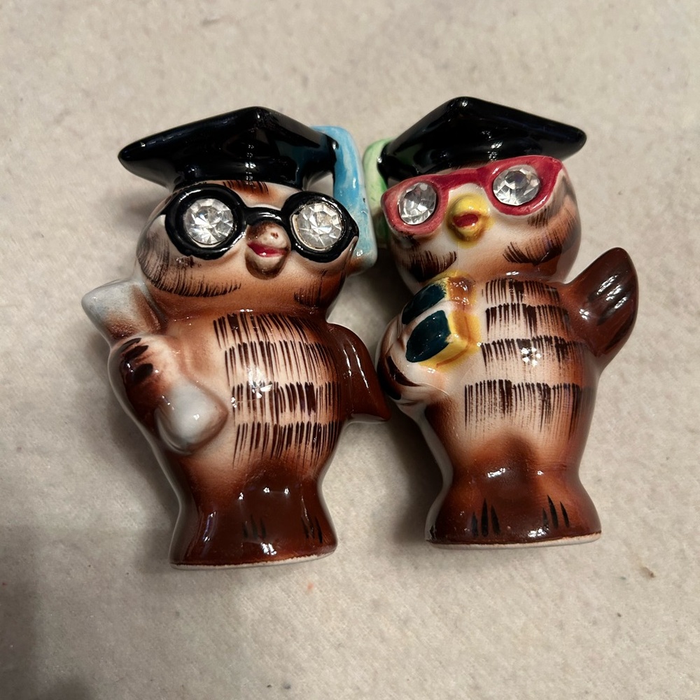 Left on 1956 Graduation Owl Figurines with Black Caps
